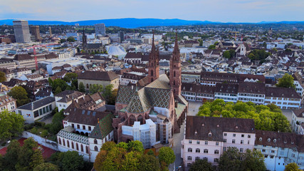 Obraz premium Historic district of Basel in Switzerland and River Rhine - aerial view - travel photography