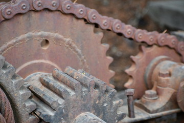 Rusted spur gears on vintage logging equipment.