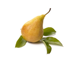One ripe pear with green leaf on white background.