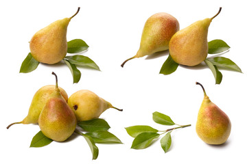 Set fresh pears with green leaf on white background.
