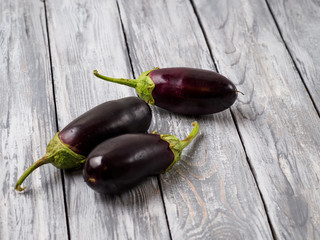 Young eggplants on wooden rustic background.