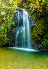 A long exposure view the Gendarme waterfall cascading into the plunge pool in the rain forest of...