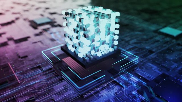 3D Render animation of AI Artificial intelligence in CPU chipset. Central processor unit and electric print circuit board with data traffic light on dark and grain processed