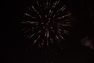 Firework stars, fireworks in the night sky.