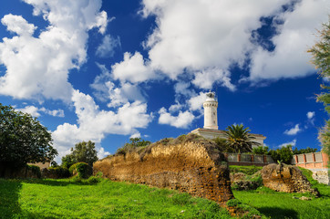 The ruins of the Imperial Villa (Villa Imperiale) and the lighthouse in Anzio, Italy