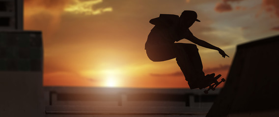 a silhouette boy skateboard at the modern skate park at sunset. © Njay