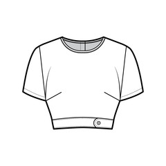 Under bust crop top technical fashion illustration with slim fit, crew neckline, back button fastenings, short sleeves. Flat outwear blouse apparel template front, white color. Women men unisex shirt