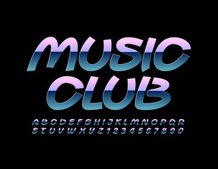 Vector creative sign Music Club. Creative metallic Font. Gradient metallic Alphabet Letters and Numbers