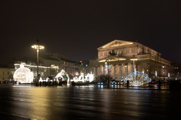 Fototapeta na wymiar Lighting decorations on Teatralnaya Square, Moscow, Russian Federation, February 27, 2020