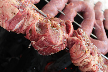 roasting charcoal barbecue, beef, sausage