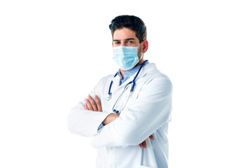 Portrait shot of male doctor wearing face mask and stethoscope against white background