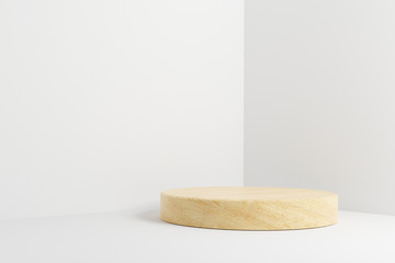Abstract minimal scene with geometric forms. Cylinder wood podium stage in white background. for show product cosmetic presentation, mock up, 3d render.