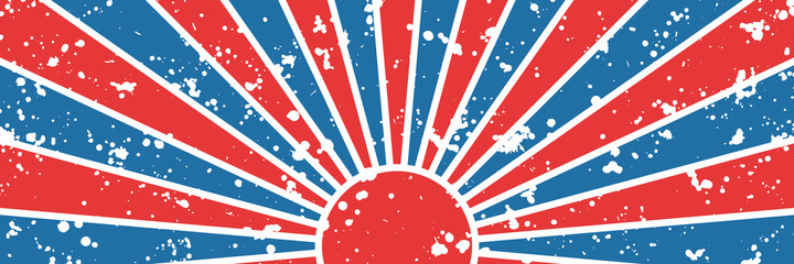 Fototapeta premium Vector long horizontal background with sun and shining rays, sunburst. Grunge, scratched texture. Retro style backdrop