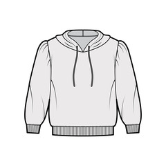 Cropped cotton-jersey hoodie technical fashion illustration with loose fit, puffed shoulders, elbow sleeves ribbed trims. Flat jumper apparel template front grey color. Women men unisex sweatshirt top