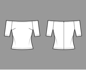 Off-the-shoulder top technical fashion illustration with close fit, short sleeves, concealed zip fastening along back. Flat apparel template front, back, white color. Women men unisex shirt CAD mockup