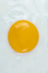 Fried egg sunny side up close up. Vertical top view.