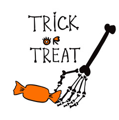 Trick or treat lettering. Halloween traditional quote. Day of the dead. Dia de los muertos. Floral Decorated skull. Doodle element for logo, label, emblem, sign, poster, t shirt. Vector illustration