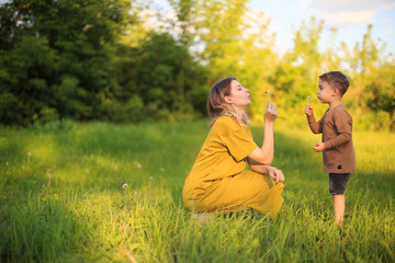 Cute baby boy and mother blowing on a dandelions on green lawn. Summertime photography for ad or...