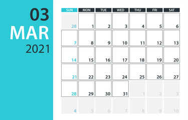 March 2021 Calendar Planner - vector illustration. Template. Mock up.