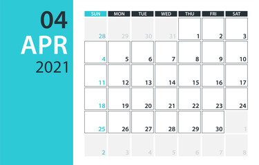 April 2021 Calendar Planner - vector illustration. Template. Mock up.