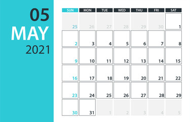 May 2021 Calendar Planner - vector illustration. Template. Mock up.