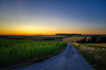 country road in the rural landscape at sunset