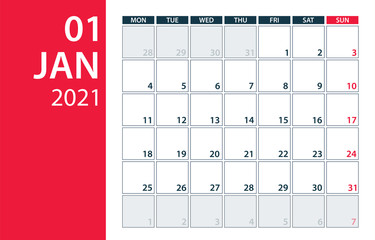 January 2021 Calendar Planner - vector illustration. Template. Mock up.