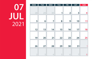 July 2021 Calendar Planner - vector illustration. Template. Mock up.