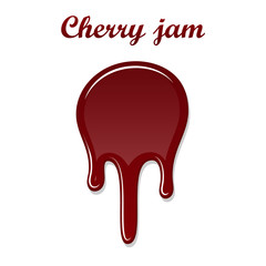 Red cherry drip confiture 3D. Berry sweet jam spot isolated white background. Drips flowing down stain. Drop realistic design. Syrup of strawberry melted sauce. Tomato splash Vector illustration