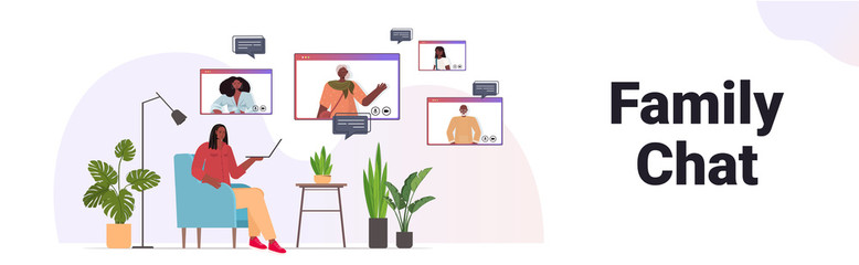 african american woman having virtual meeting with family members in web browser windows during video call online communication concept living room interior horizontal vector illustration