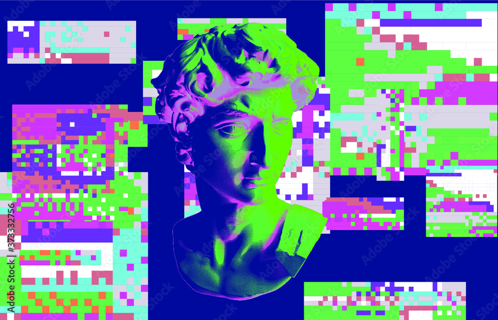 Poster cyberpunk-style collage with plaster 3d head and pixel artifacts. vaporwave and retrowave aesthetics