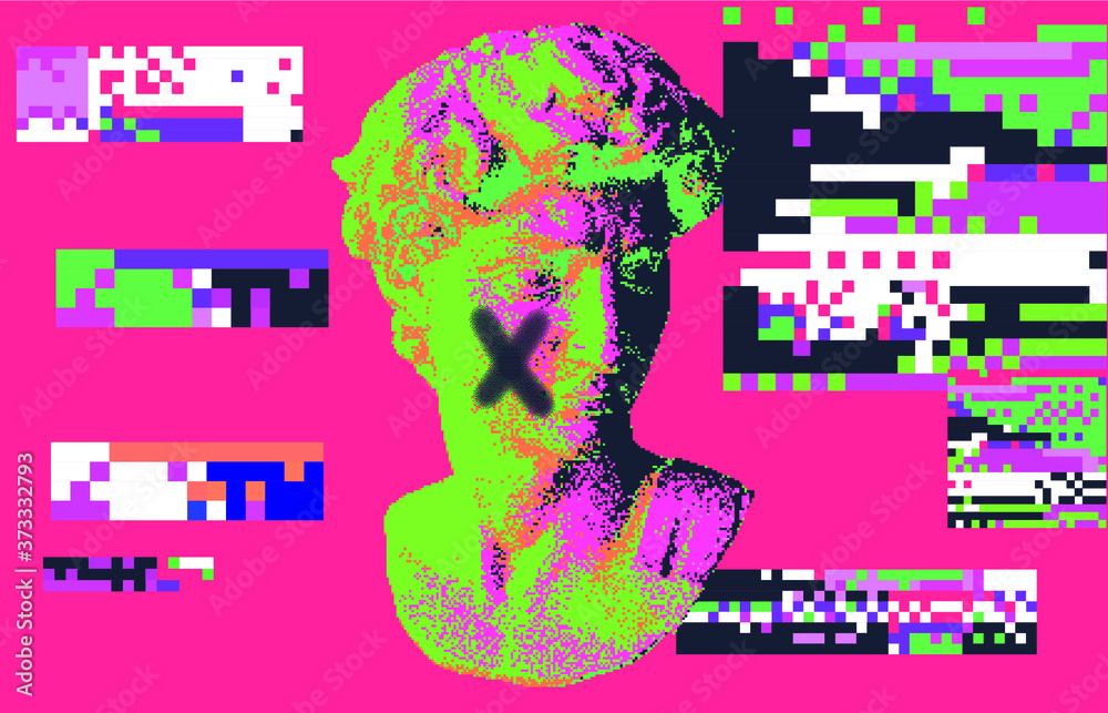 Poster cyberpunk-style collage with plaster 3d head and pixel artifacts. vaporwave and retrowave aesthetics
