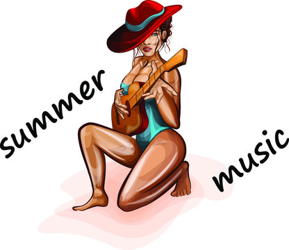 Vector image of a lovely lady playing guitar in beach outfit. EPS
