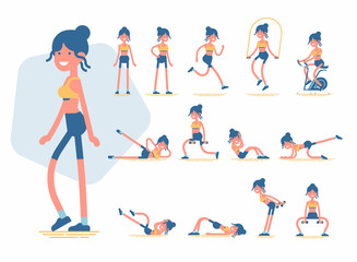 Quality limited color scheme vector illustration set on female character performing different exercises. Women health and fitness