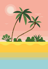 Fototapeta na wymiar Flat vector tropical beach background. Ideal for summer vacation web and graphic design