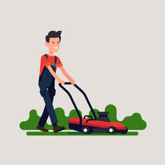 Male gardener mowing lawn. Cool vector flat illustration on gardening and grass cutting with push mower featuring caucasian man in overalls operating the machine