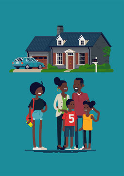 Happy Family Standing In Front Of Their Home. Flat Vector Illustration On Cheerful African Parents With Three Kids And Their Suburban House With Garage And Car