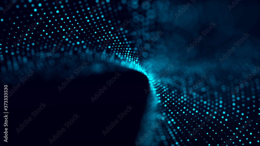 Poster Digital technology. Futuristic background of glowing particles in motion. Large amount of data. 3D rendering.