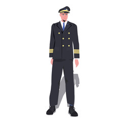 man pilot in uniform male captain standing pose aviation concept full length vector illustration