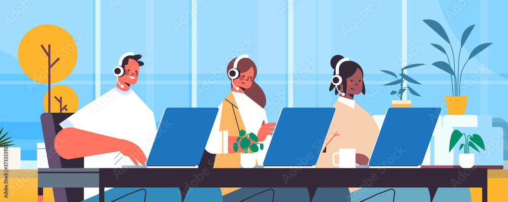 Poster operators with headset chatting with clients call center agents working in office customer support s
