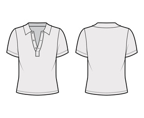 Polo shirt technical fashion illustration with cotton-jersey short sleeves, oversized, buttons along the front. Flat outwear apparel template front, back grey color. Women men unisex top mockup