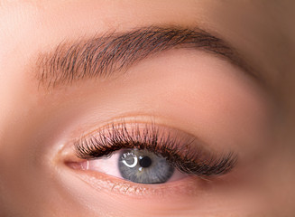 Obraz premium Beautiful macro photography of a woman's eye with makeup of long lashes