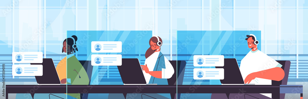 Poster operators with headset chatting with clients call center agents working in office customer support s