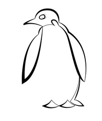 Logo. The silhouette of a white penguin, drawn with a black outline. Drawing isolated on white background. Stock vector illustration.