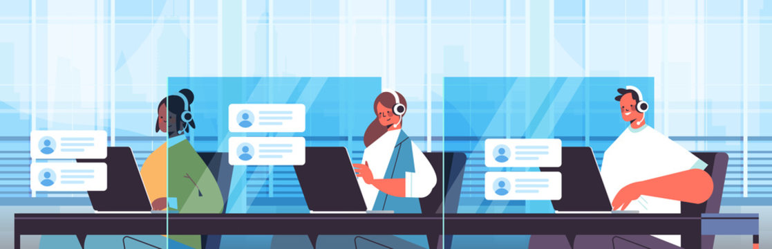 Operators With Headset Chatting With Clients Call Center Agents Working In Office Customer Support Service Concept Horizontal Portrait Vector Illustration