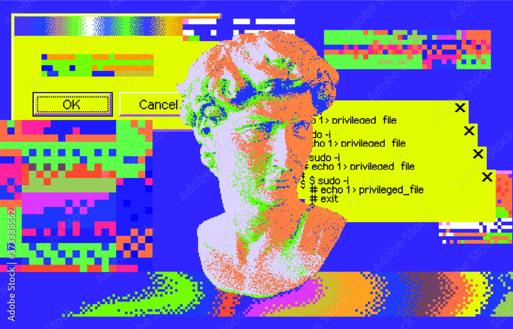 Poster cyberpunk-style collage with plaster 3d head and pixel artifacts. vaporwave and retrowave aesthetics