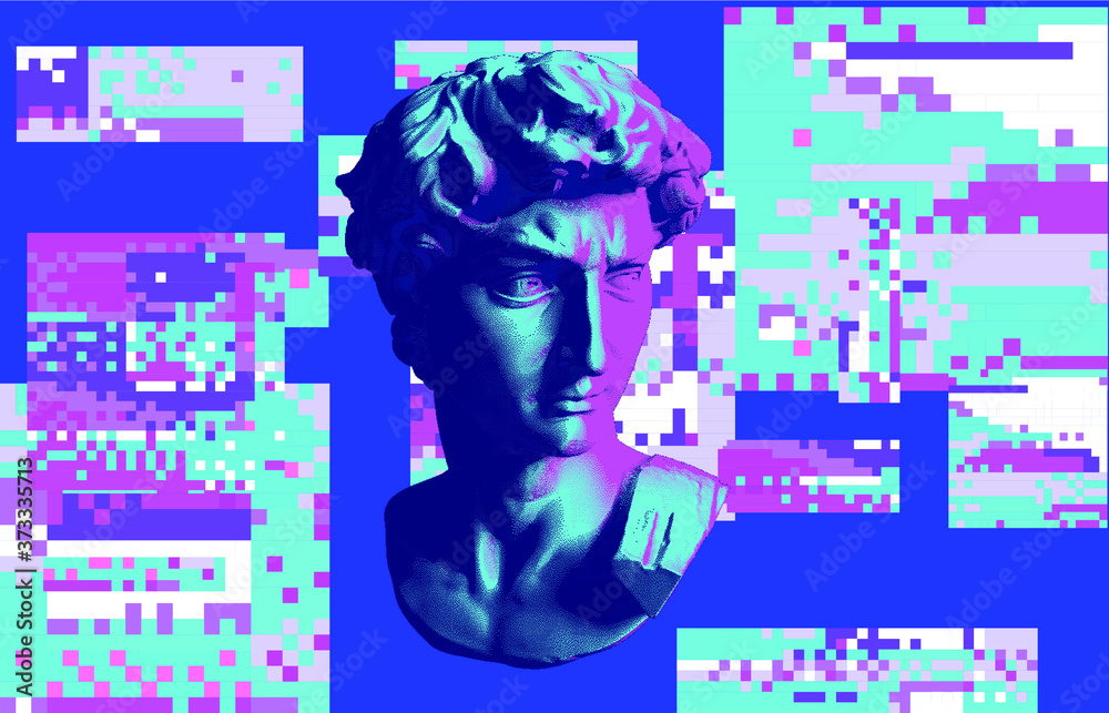 Poster cyberpunk-style collage with plaster 3d head and pixel artifacts. vaporwave and retrowave aesthetics
