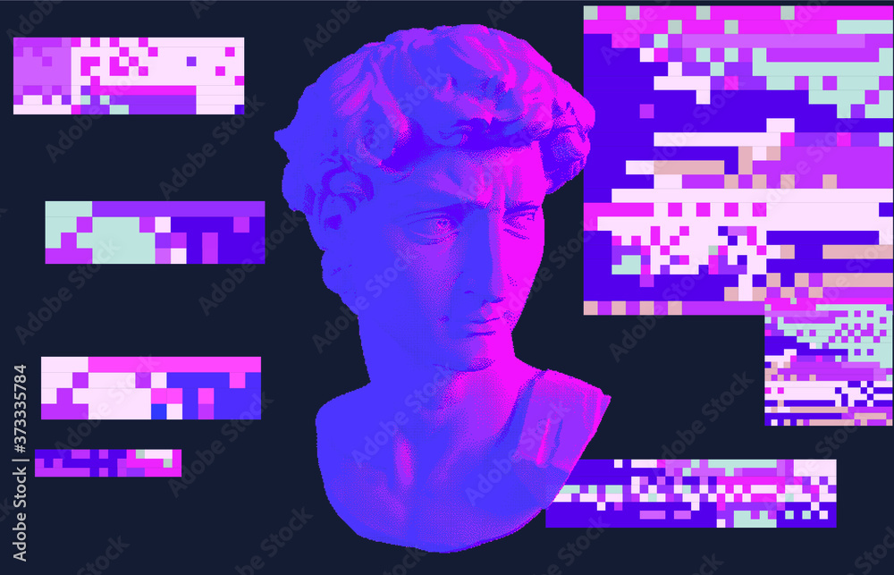 Poster cyberpunk-style collage with plaster 3d head and pixel artifacts. vaporwave and retrowave aesthetics