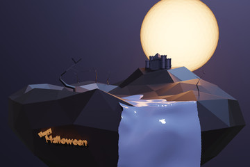 Low Poly land of halloween party. Polygonal land with full moon, render from 3d.