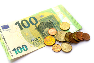 Banknote 100 euro money coins euro cents payment bill and coins on white background macrophoto